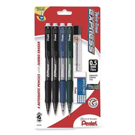 Pentel Twist-Erase EXPRESS Mechanical Pencil, 0.5 mm, #2, Black Lead, Assorted Color Barrels, 4PK QE415LZBP4