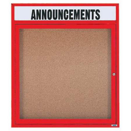 Aarco Enclosed Natural Pebble Grain Cork Bulletin Board w/ Header Red Powder Coated Al Frame, 36''Hx30''W DCC3630RHR