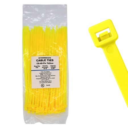 Cable Ties Unlimited Cable Tie, 8 in L, 40 lb Strength, 2.2 in Max Bundle Dia, Nylon 6/6, Fluorescent Yellow 100PK C8-40-Flo Yellow