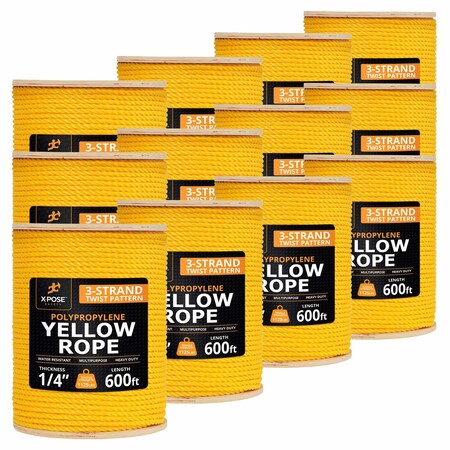 Xpose Safety 1/4in x 600 ft Twisted Polypropylene Rope, Yellow, 12PK YPR14-600-12-X