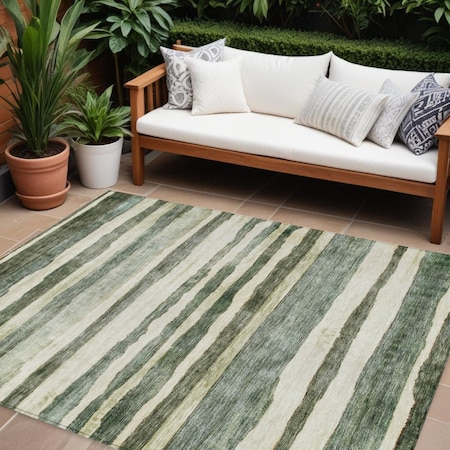 Homeroots 10' X 14' Sage And Beige Striped Washable Indoor Outdoor Area Rug 605908