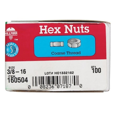 Hillman 3/8 in. Zinc-Plated Steel USS Hex Nut, 100PK 160504
