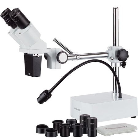 Amscope SE400 Compact Fixed-Lens Binocular Stereo Microscope 5X-20X on Boom-Arm Stand w/Gooseneck LED Light SE400-XYZ