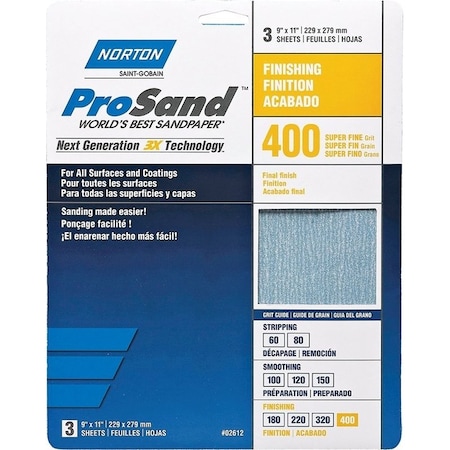Norton Co ProSand 07660768156 Sanding Sheet, 11 in L, 9 in W, Super Fine, 400 Grit, Aluminum Oxide Abrasive 2612
