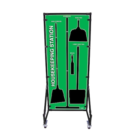 5S Supplies 5S Housekeeping Shadow Board Broom Station Version 14 - Green Board / Black Shadows With Broom HSB-V14-GREEN-KIT