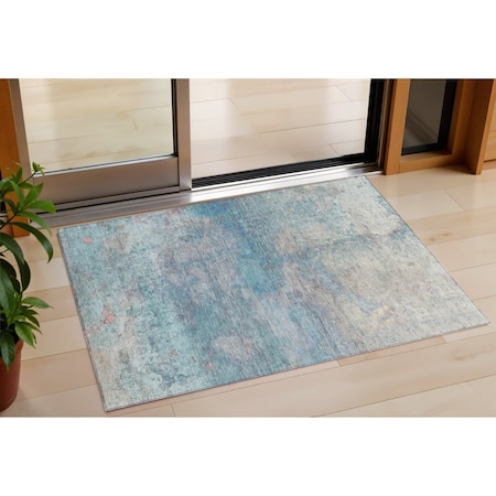 Homeroots 3' X 5' Aqua And Beige Abstract Washable Indoor Outdoor Area Rug 631443