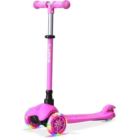 Campior Pink Mini 3-Wheel Scooter for Kids, LED Light-Up Wheels, Adjustable Handlebar, Rear Foot Brake CAMKSPNK