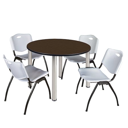 Regency Round Kee Breakroom Table W/ 4 M Stack Chairs, 42 in W, 42 in L, Neo Walnut TB42RNDNWBPCM47GY