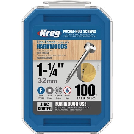 Kreg No, 6 x 1-1/4'' Square Fine Thread Pan Head Zinc Pocket-Hole Screw, 100 Ct. SPS-F125 - 100