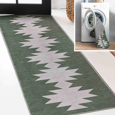 Jonathan Y Chayton Minimalist Geometric Non-Slip Machine-Washable Dark Green/Light Gray 2ft x 8ft Runner Rug WSH110C-28