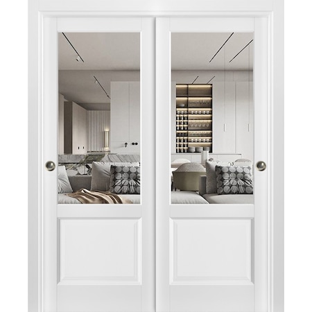 Sartodoors Sliding Closet Bypass Doors, Lucia 1533 White Silk with Clear Glass, Sturdy Rails Moldings Trims H LUCIA1533DBD-WS-72