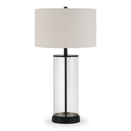 Homeroots 28" Black Glass Table Lamp With White Drum Shade 524483