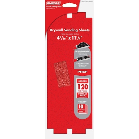 Diablo 120 Grit 4-3/16'' x 11-1/4'' Drywall Sandpaper, 10PK DCS431120S10G