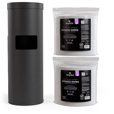 Wipex Plant-Based Lavender Fitness Wipes 700ct Bundle, 2 Refill Rolls + Black Floor Dispenser w/ Trash Can WX72224BFD2LARP