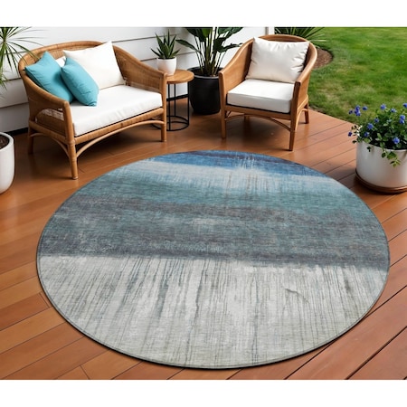 Homeroots 8' Blue And Gray Round Abstract Washable Indoor Outdoor Area Rug 632043