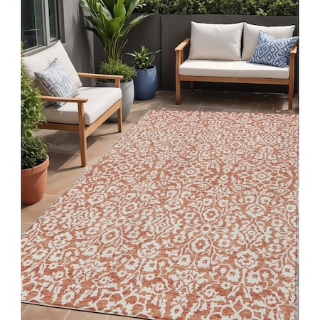 Homeroots 5' X 8' Coral And Ivory Damask Washable Indoor Outdoor Area Rug 595128