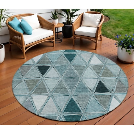 Homeroots 8' Teal Blue Aqua And Gray Round Geometric Washable Indoor Outdoor Area Rug 583054