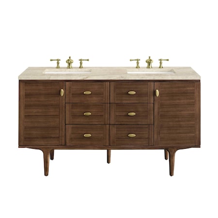 James Martin Vanities Amberly 60" Double Vanity, Mid-Century Walnut, w/ 3 CM Tajnar Eclos Top w/FreePower Wireless Charger 670-V60D-WLT-FTJR