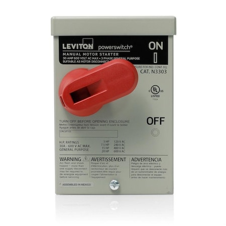 Leviton Manual Motor Switch, 30 A, 3 P, 3 Phase, Toggle, Powerswitch Series, NEMA 3R N3303-DS