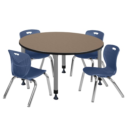 Regency Round Kee Adjustable Classroom Table W/ 4 Andy Stack Chairs, 48 in W, 48 in L, Noble Oak TB48RNDNOAPGY45NV
