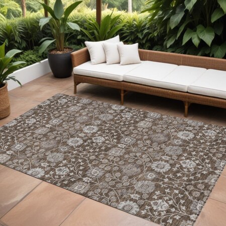 Homeroots 9' X 12' Chocolate Beige And Gray Floral Washable Indoor Outdoor Area Rug 605423