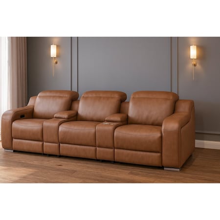 Homeroots 129" Chestnut Italian Leather Reclining USB Sofa 632889