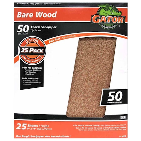 Gator Finishing 9 x 11 in. Bare Wood Sandpaper, 50 Grit, Coarse, 25PK 4230