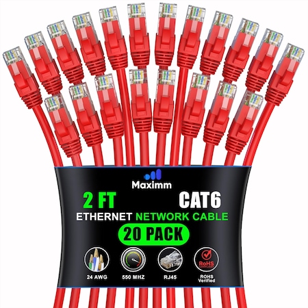 Maximm Cat6 Ethernet Cable 2ft 10Gbps 550MHz UTP, 20PK, Red, 20PK CAT6CCA-2RD-20PK