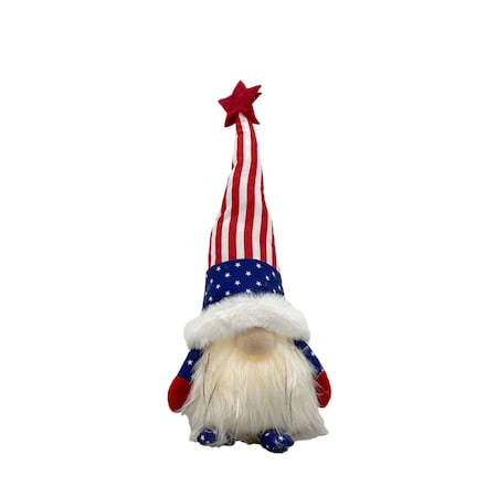 Homeroots 14" Red White and Blue Fabric Independence Day Standing Gnome Tabletop Sculpture with LED 493033