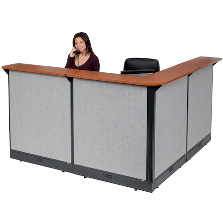 Global Industrial Interion L-Shaped Electric Reception Station, 80"W x 80"D x 46"H, Cherry Counter Gray Panel 249009ECG