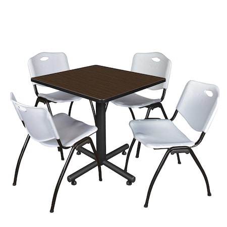 Regency Square Kobe Breakroom Table W/ 4 M Stack Chairs, 30 in W, 30 in L, Neo Walnut TKB3030NW47GY