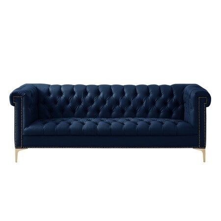 Homeroots 85" Navy Blue Faux Leather Manufactured Wood Sofa 543963