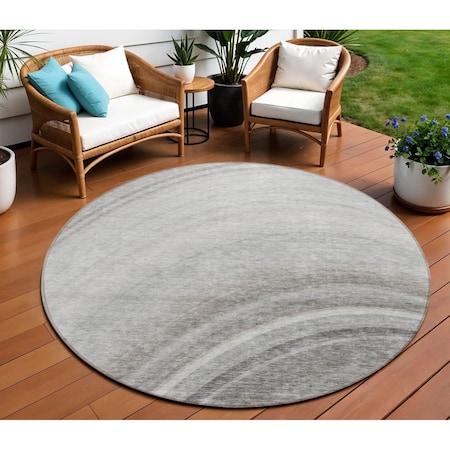 Homeroots 8' Gray Silver And Beige Round Abstract Washable Indoor Outdoor Area Rug 577297