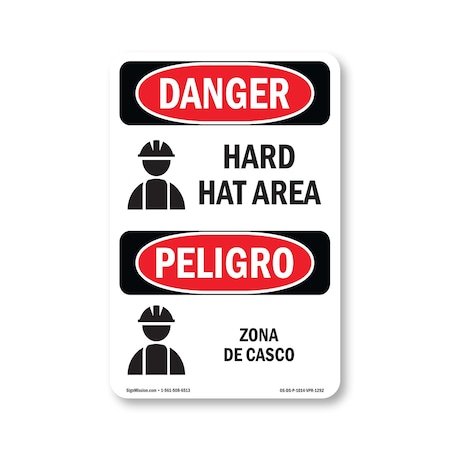 Signmission OSHA Danger Sign, Hard Hat Area Bilingual, 14in X 10in Rigid Plastic, OS-DS-P-1014-VPR-1292 OS-DS-P-1014-VPR-1292