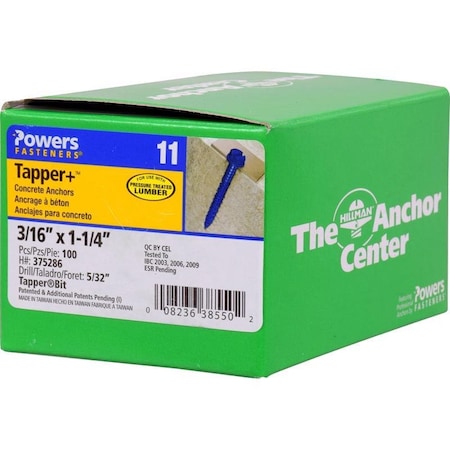 Hillman Tapper 3/16 in. D X 1.25 in. L Steel Hex Head Concrete Screw Anchor, 100PK 375286