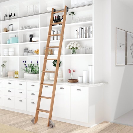 Quiet Glide 8.92 ft. Red Oak Sunburst Wheel Satin Nickel Rolling Ladder, 12 ft. Rail QG.210-9RO-12-H.02