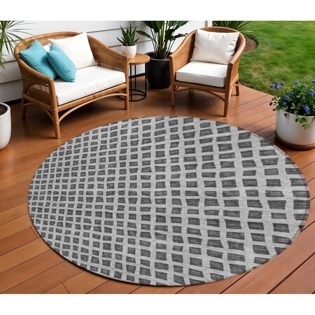 Homeroots 8' Graphite Gray And Silver Round Geometric Washable Indoor Outdoor Area Rug 583290
