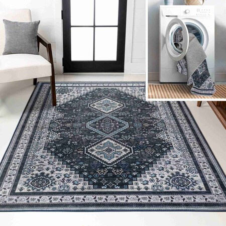 Jonathan Y Dalyan Geometric Medallions Non-Slip Machine-Washable Navy/Light Gray 4 ft. x 6 ft. Area Rug WSH101D-4