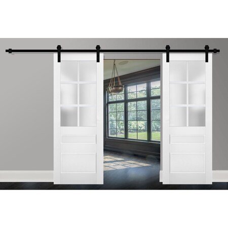 Sartodoors Sturdy Double Barn Door with Frosted Glass White 64x96 (2* 32x96) Solid Core Modern Interior VEREGIO7339DB-S-WS-6496