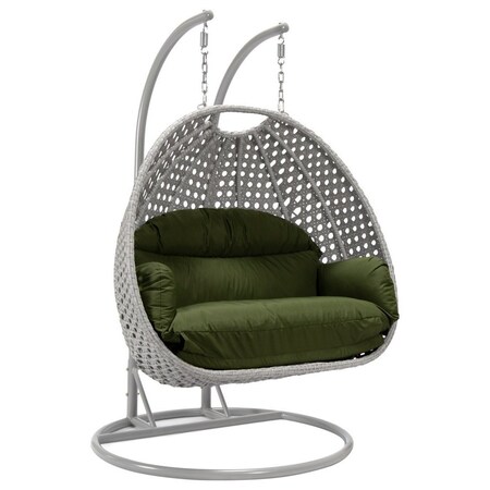 Leisuremod Mendoza Light Grey Wicker Hanging 2 person Egg Swing Chair with Dark Green Cushions MSCLGR-53DG