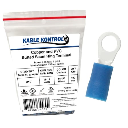 Kable Kontrol Copper and PVC Butted Seam Ring Terminal, 16-14 AWG, Stud Size # 10, Blue, 100 Pcs, 100PK RTPVC-1614-10-BL