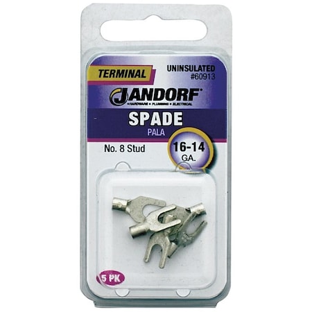 Jandorf Non-Insulated Spade Terminal, 600 V, 16 to 14 AWG Wire, #8 Stud, Copper Contact 60913