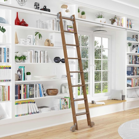 Quiet Glide 8.06 ft. Walnut Contemporary Wheel Satin Nickel Rolling Ladder, 12 ft. Rail QG.240-8WA-12-H.02