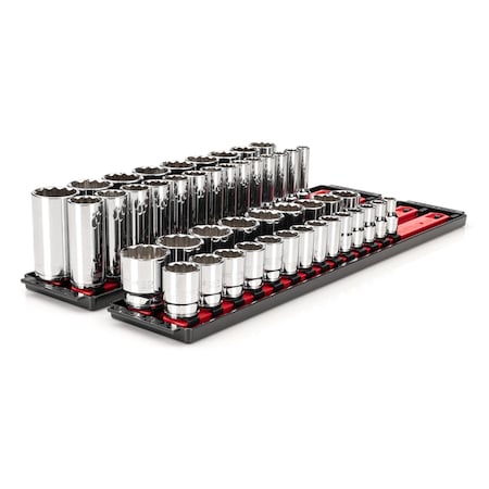 Tekton 1/2 Inch Drive 12-Point Socket Set with Rails and Trays, 46-Piece 10-32 mm SHD92208