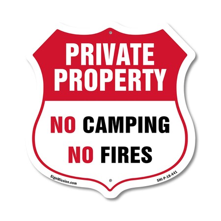 Signmission Private Property Shield Sign No Camping, 18 Inch X 18 Inch, Plastic Sign SHI-P-18-441