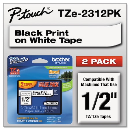 Brother TZe Adhesive Laminated Labeling Tapes, 0.47x26.2 ft, Blk on Wht, PK2 TZE2312PK