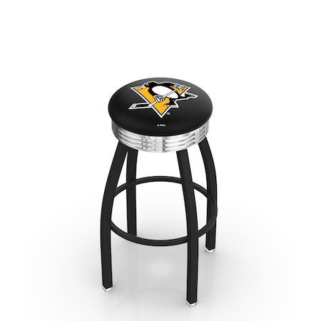 Holland Bar Stool Co 25" Blk Wrinkle Pittsburgh Penguins Swivel Bar Stool, Chrome Ring L8B3C25PitPen
