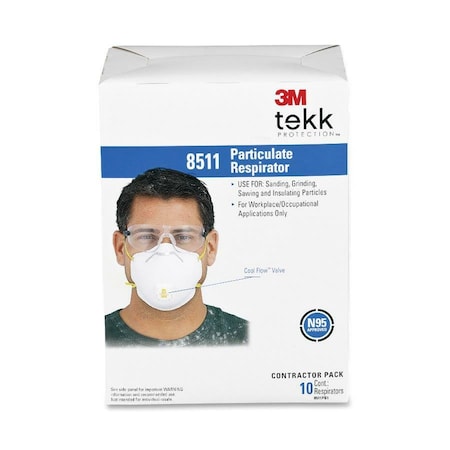 3M N95 Disposable Respirator, 8511, Cool Flow Exhalation Valve, Dual Headstrap, Nose Clip, PK10 8511