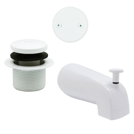 Westbrass 5-1/4in Front Diverter Tub Spout with Tip-Toe Drain and 2-Hole Overflow Trim, Powder Coat White CO531-50