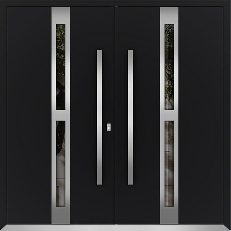 Vdomdoors Metal Double Doors Deux 1755 Black Enamel Opaque Black Glass Top Transom Entry Modern Painted (W72x DEUX1755DEXD-BLK-W72xH80-LH-I